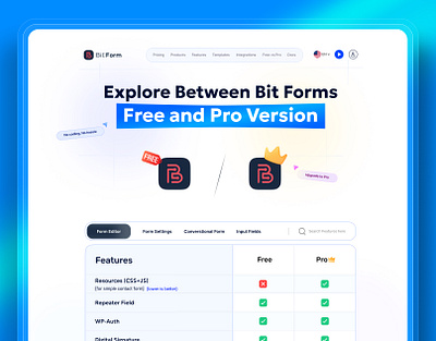 Bit Form Web Page Design | Free Vs Pro landing page design product design uiux design website design