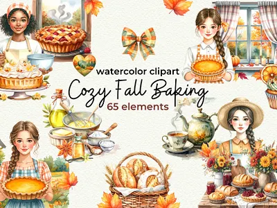 Cozy Fall Baking Clipart autumn baker bakery baking clip art clipart cottage cottagecore cozy cute fall girl graphic illustration journal planner png scrapbook watercolor watercolour