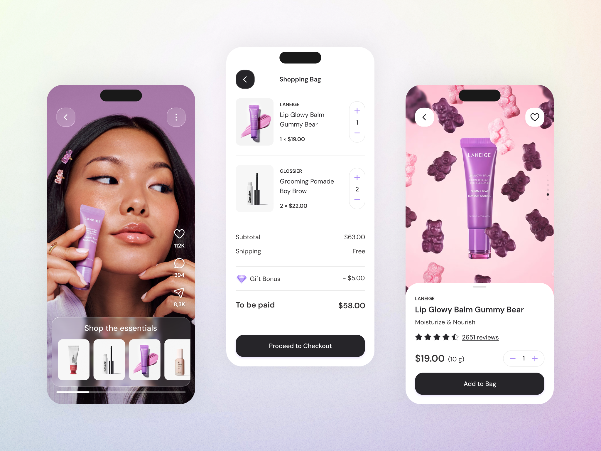 Skincare & beauty shopping – Mobile app beauty blog checkout clean ios minimal mobile app mobile app design product catalog product page purple reels shopping bag shopping cart skincare social media tiktok ui ux video