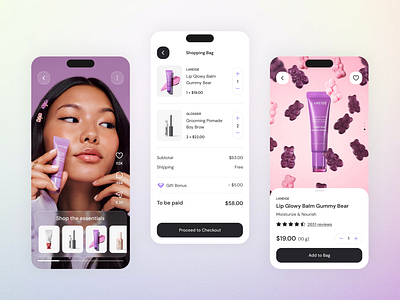 Skincare & beauty shopping – Mobile app beauty blog checkout clean ios minimal mobile app mobile app design product catalog product page purple reels shopping bag shopping cart skincare social media tiktok ui ux video