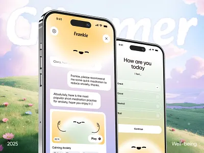Well-Being Mobile App (Journaling, Meditation, Tracking) ai app design branding chatbot clean illustration meditation mental health mindful mindfull minimalist mobile mobile app mood tracker pastel selfcare ui ui design ux wellbeing