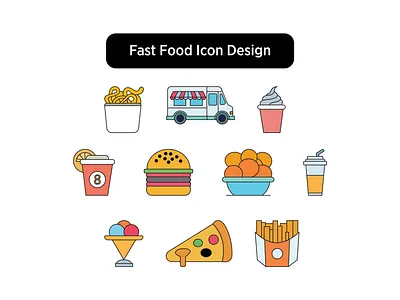 Fast Food Icon Design burger dessert drink fast food icons fast food illustration food truck french fries fries graphic design graphic designer ice cream icon design icon desinger icon set iconography lemonade marketing design pizza snacks vector icons