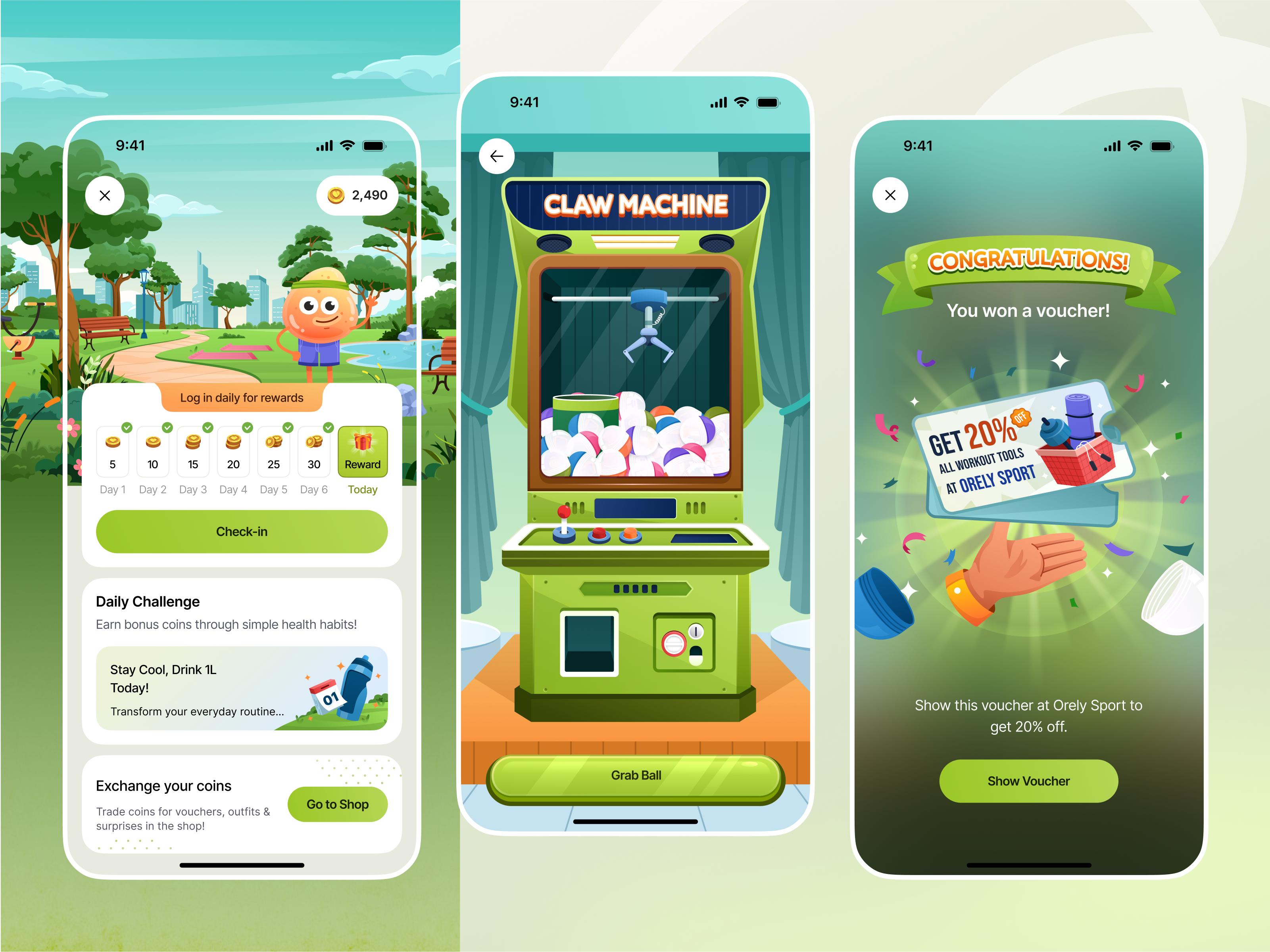 Health & Wellness App - Gamified Daily Check-In Feature 🕹 app challenge check in daily design engagement fitness gacha gamification habit health illustration mascot mobile motivation orely rewards ui wellness