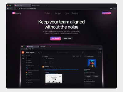 Commx - Team Communication Hero Section admin chat communication dark dark mode dashboard dashboard design header hero hero section home page landing page landingpage messenger minmal project management saas team management web design workspace
