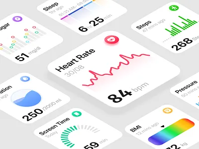 Health Tracker App Widgets 3d android app design dark dashboard doctor fitness health health app healthcare illustration ios isometric medical saas tracker widget workout