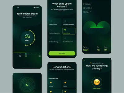 Leafcare onboarding screen design. ai to challenge app anxiety app breath in app burnout solve app course app for sleep problem health app journal app journal health app leafcare app meditation app mental health app mind body care app mobile design mood checking product design sleep problem app uigeek visual design health app wellnees platfrom app