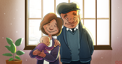 Old couple holding a baby ad adcampaign branding character characterdesign design illustration medicare