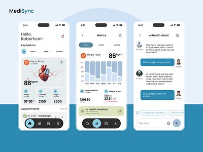 MediSync: The AI-Powered Health App. ai assistant ai healthcare app app design consultation dashboard design health health app health consultations health tracker healthcare medical app medical care mobile app mobile apps mobile design monitor uiux wellness tracking