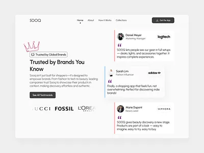Modern marketplace landing page concept for SOOQ design figma landing page marketplace minimal testimoni testimonial ui ux web design