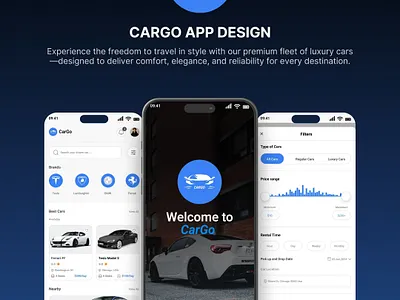 CARGO APP car carrentapp categories figma filters homepage messages mockups navigationbar payment price rating rent rentacar rentcar sale screens taxiapp tesla userinterface