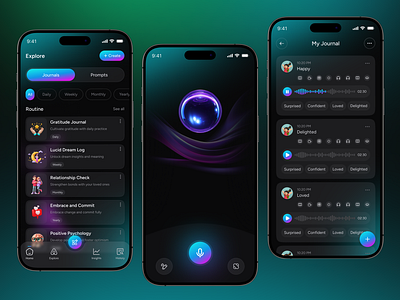 AI Journal and Diary App ai app ai assistant clean diary app habit tracker journal mental health app mobile app neon color app note app self care app ui voice voice assistant voice chat wellness app