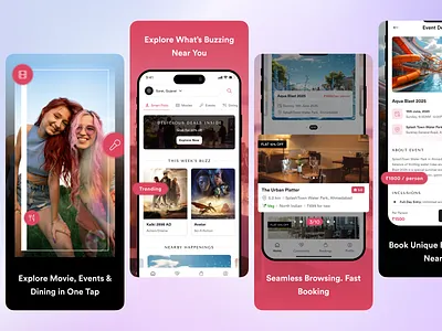 App Screenshots - Event Discovery App app store screenshot app ui for booking movies dining and events app design entertainment app ui 2025 event discovery app ui design event planner app modern design explore and book events app ui figma design figma event booking app screens mobile app concept for events play store screenshot screenshots trending event booking app user friendly booking app design