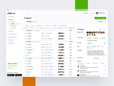 Time-tracking and project management web app - Projects clean comments dashboard data visualization design drawer navigation project management projects redesign responsive sidebar table time tracking ui ux web web app