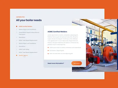 DePue :: Capabilities blue construction factory features gradient gradient button industrial mechanical orange services solutions tabs ui ux wysiwyg