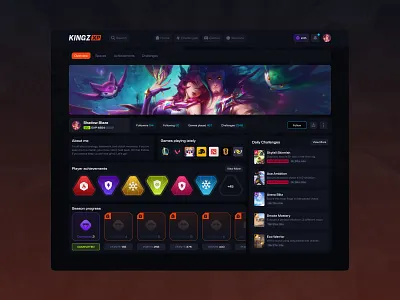 Kingz Xp Profile page achievementsui darkthemeui dribbble esportsdesign gamerprofile gamestats gameui gamingcommunity gamingdashboard interfacedesign levelupdesign modernui uiuxdesign uxinspiration webdesign xpsystem