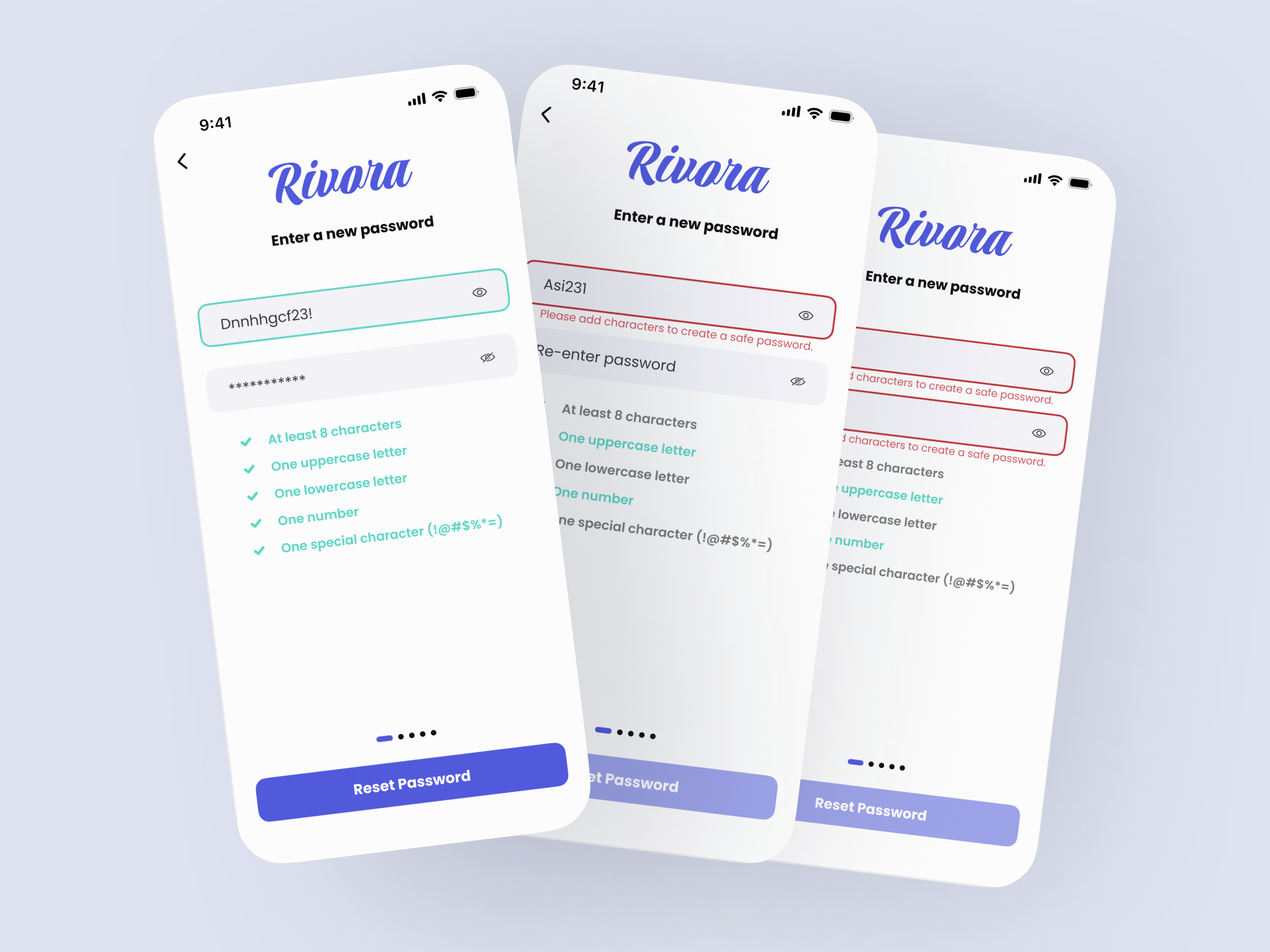 Rivora new password flow app appdesign create password enter a new password new password password password requirements ui ux