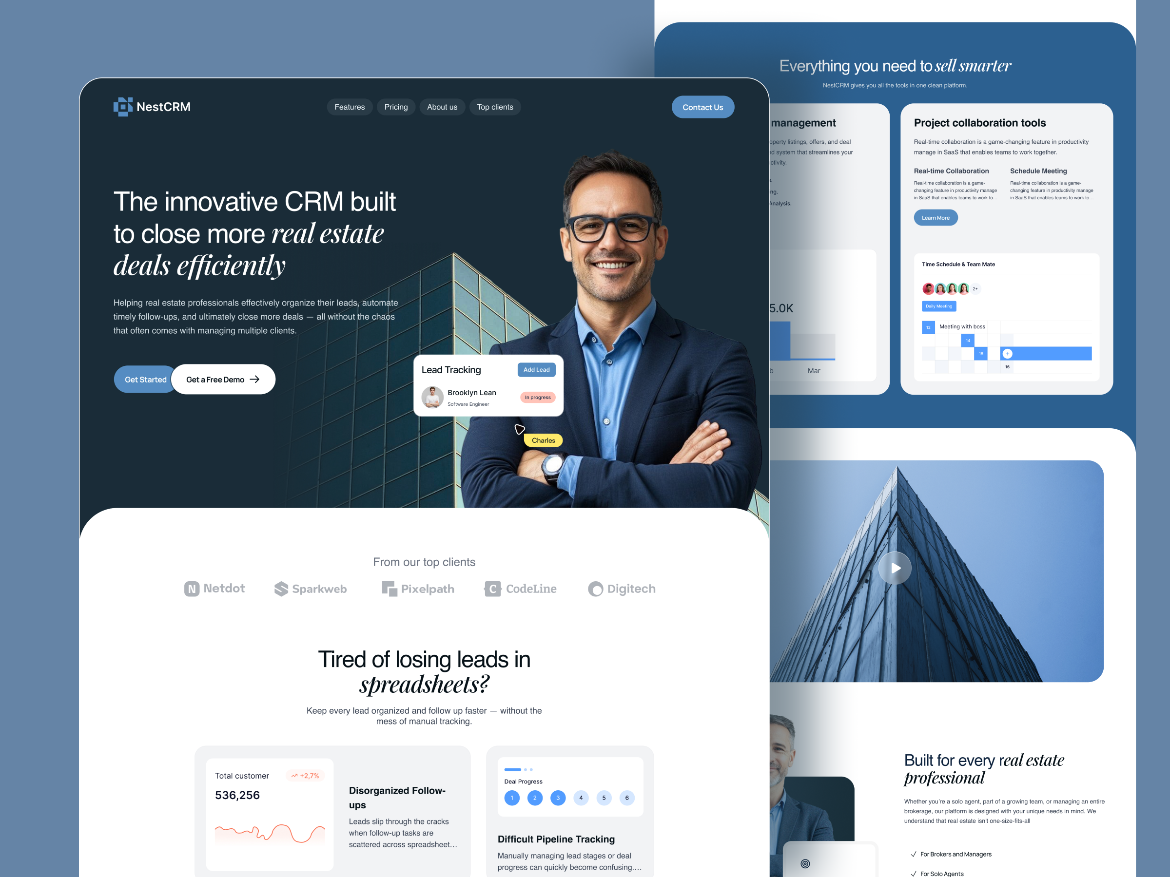 Real Estate CRM Landing Page admin panel airbnb b2b saas cms design crm dashboard crm dashboard landing page crm landing page crm ui dashboard design data landing page landing page design lead management dashboard real estate real estate agency real estate landing page saas ui uiux user interface