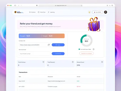Referral dashboard affiliate celpip earn money exam invite friends marketing minimal referral reward test ui web