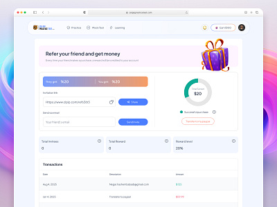 Referral dashboard affiliate celpip earn money exam invite friends marketing minimal referral reward test ui web