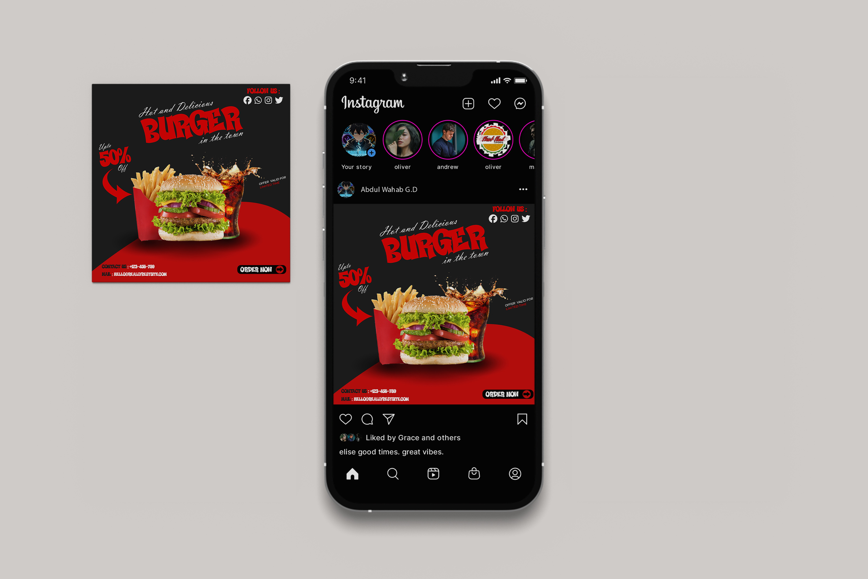 Burger Combo Social Media Poster Mockup 3d advertising beauty salon branding design designer flyer graphic design illustration redblack social media poster