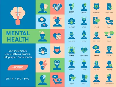 Mental Health Icons and Templates abstract banners branding cards design flat geometrical graphic design health illustration logo medical mental patterns posters ui vector