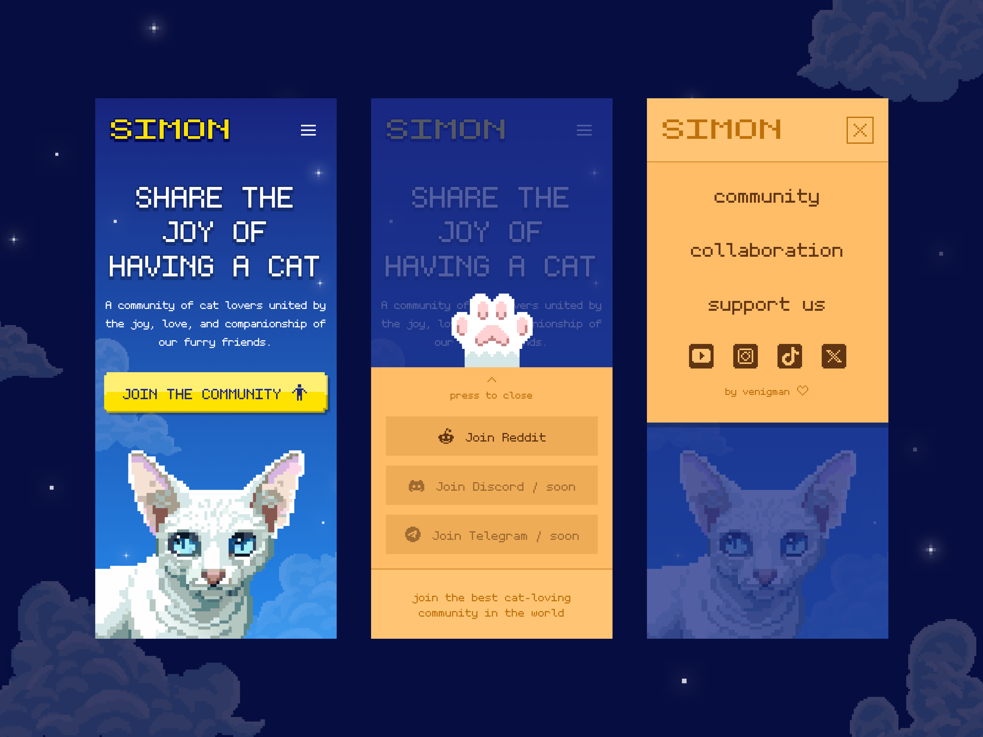Simon / community (mobile) cats community design figma game graphic design illustration logo menu mobile motion graphics pixel socials ui uiux userexperience ux visual identity webdesign website