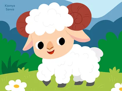 Funny cute sheep with natural background in flat style adobe illustrator animal book cartoon character children cute design farm for kids illustration kawaii lamb meadow nature pet puzzle sheep vector