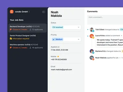 Sidebar in Application Tracking System activity feed app applications ats dark hr icon interface list select sidebar software status tags tracking ui web