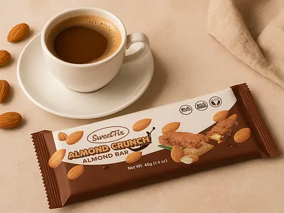SweetFix Almond Crunch – Chocolate Bar Packaging Design almond bar packaging candy bar packaging design chocolate bar design chocolate branding chocolate packaging design chocolate wrapper design confectionery packaging design food branding design food packaging design luxury chocolate packaging minimal chocolate packaging modern packaging design product packaging design protein bar packaging snack bar branding snack packaging design sweet packaging design