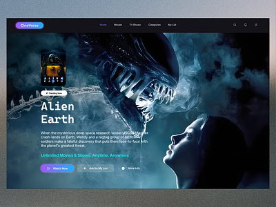 CineVerse – Modern Streaming Platform UI/UX Design clean ui gradient design landing page design minimal design modern website ui movies website ui netflix ui platform ui season website ui streaming platform ui ui uix
