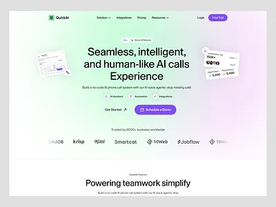 QuickAI - AI Agent Website ai agent ai web design artificial intelligence b2b hero section product design saas saas platform saas website service software startup ui user interface ux virtual assistant wavespace web web design inspiration