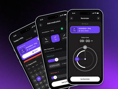 Medicine reminder mobile app b2b saas calendar dark theme ui digital health platform health track healthcare app medicine reminder mobile application mobile design mobile ui modern mobile app pills reminder time and date setting time reminder uiux