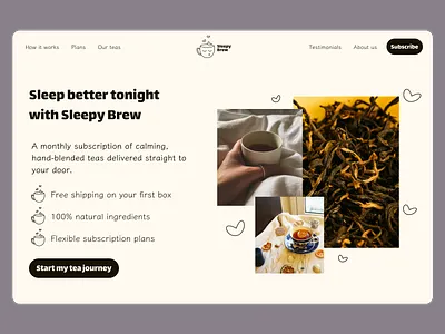 Landing page for an imagined Sleepy Brew app 🫖🍵 daily ui dailyui 003 designchallenge hero section landing page