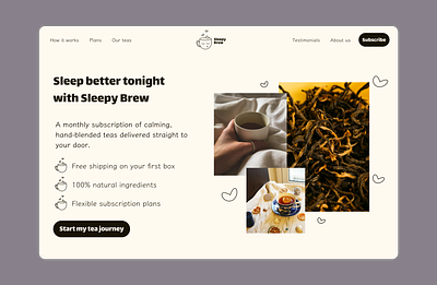 Landing page for an imagined Sleepy Brew app 🫖🍵 daily ui dailyui 003 designchallenge hero section landing page