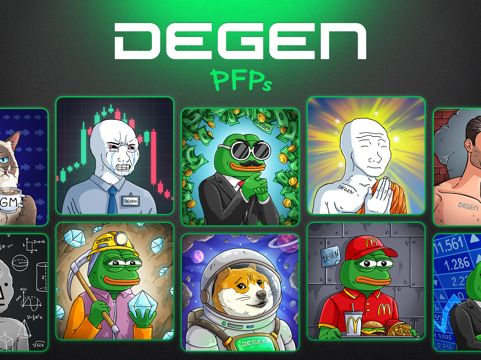 DEGEN Avatars — Web3 Meme PFP Illustration Series avatar avatar collection avatars branding crypto crypto art degen doge giga chad illustration meme meme avatars nft nft collection pepe pepe meme pfp pfp collection pfps wojak