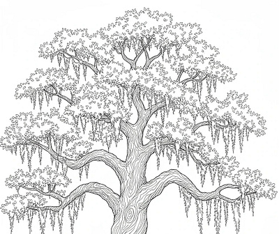 Black and white line drawing of a live oak tree