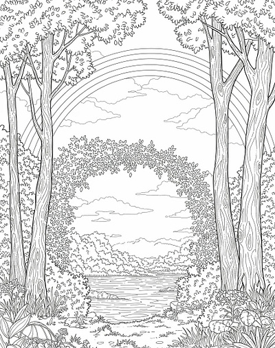 Black and white coloring page of a serene landscape