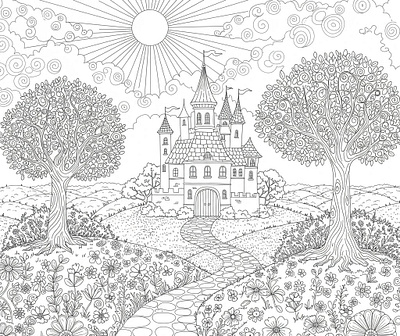 Detailed black and white coloring page of a fantasy castle