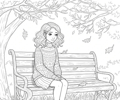 Black and white coloring page of a sad girl with curly hair