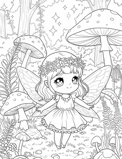A line art coloring page of a cute kawaii fairy