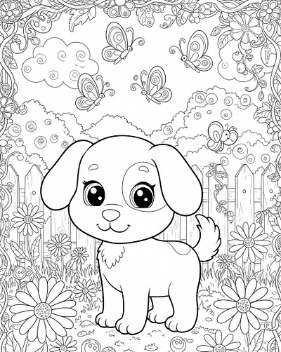 A cute cartoon puppy stands in a garden