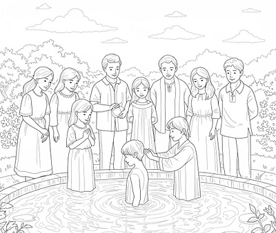Line art coloring page showing a child being baptized in a pool