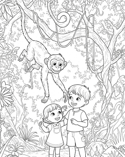 Black and white coloring page of a monkey