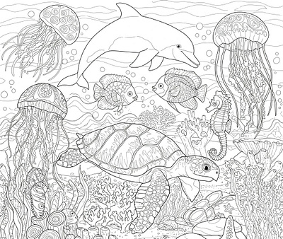 Black and white line art of various sea creatures
