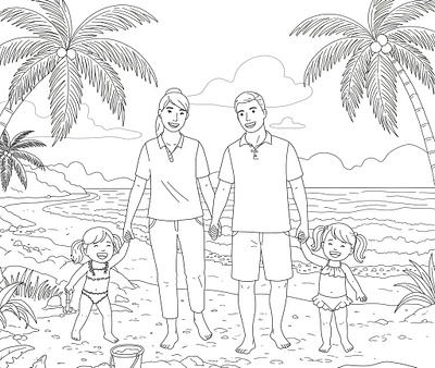 Black and white line art coloring page of a happy family