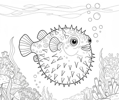 A black and white line drawing of a pufferfish
