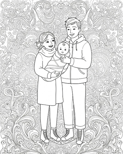 Black and white coloring page of a family with a baby.