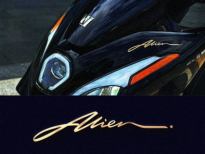 Alien: logo on a motorcycle alien authentic calligraphy custom flow futuristic graphic design handwritten identity japan lettering logo modern motorcycle real script type unique wordmark