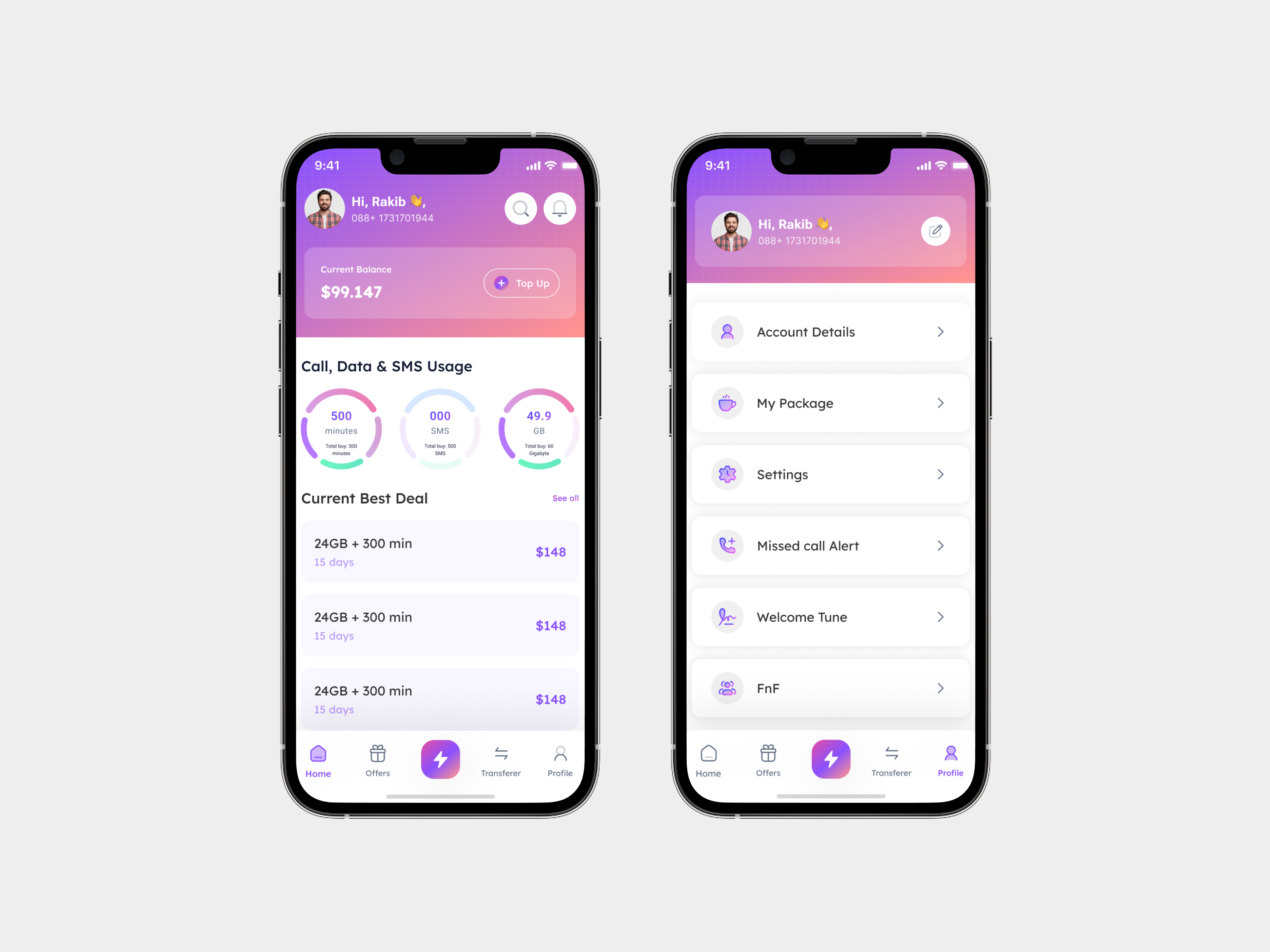 Telco Mobile App UI Design appinterface appredesign cleandesign dashboarddesign figmadesign gradientui iosappui minimalu mobileappdesign mobileux modernappdesign rakib rakib hassan telcoapp ui design uiuxdesign userinterface ux design uxfortelecom