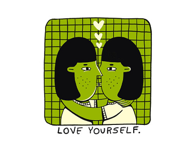 Love Yourself androgynous care checkered embrace face grid heart hold hug human illustration kiss love man people see self smooch woman yourself
